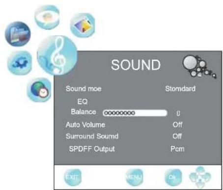 SOUND Sound moe EQ Balance 0 Auto Volume Off Surround Sound Off SPDFF Output Pcm STANDARD EXIT MENU Ok