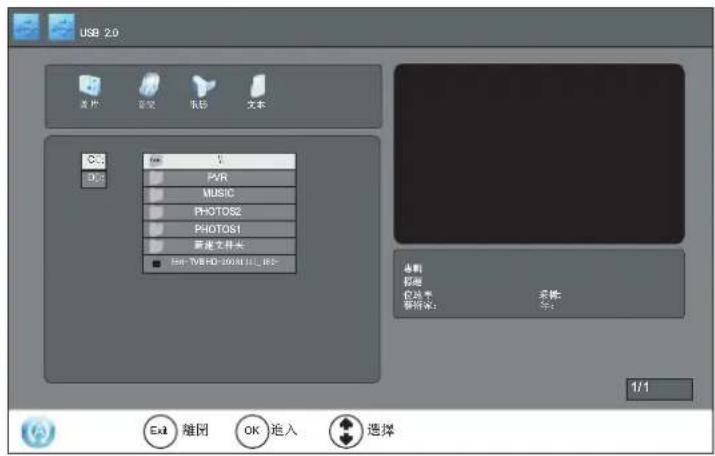 USB 2.0 文件 渲染 剪切 文本 C:\ D:\ Temp PVR MUSIC PHOTOS2 PHOTOS1 新建文件夹 FHT-TVBHD-2004111_1832 电源 视频 位地址 名称: 新拼录: 字: 1/1 Exit 隐藏 OK 追入 选择