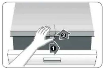 Diagram showing a hand pressing a component labeled with numbers 1 and 2 on a device or machine panel.
