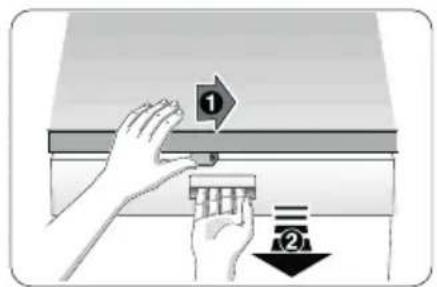 Diagram showing hands installing a component with numbered arrows and labels ① and ② indicating process steps.