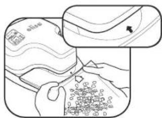 Diagram showing a hand holding a device with labeled components and an inset magnified view of a device's internal structure.