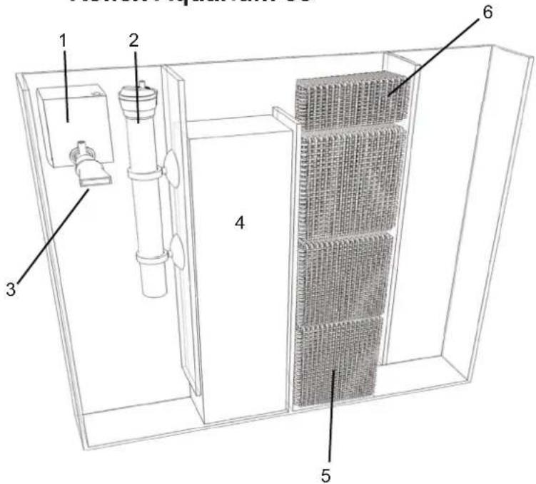 Technical diagram of a multi-level industrial or filtration unit with numbered components labeled 1 through 6.