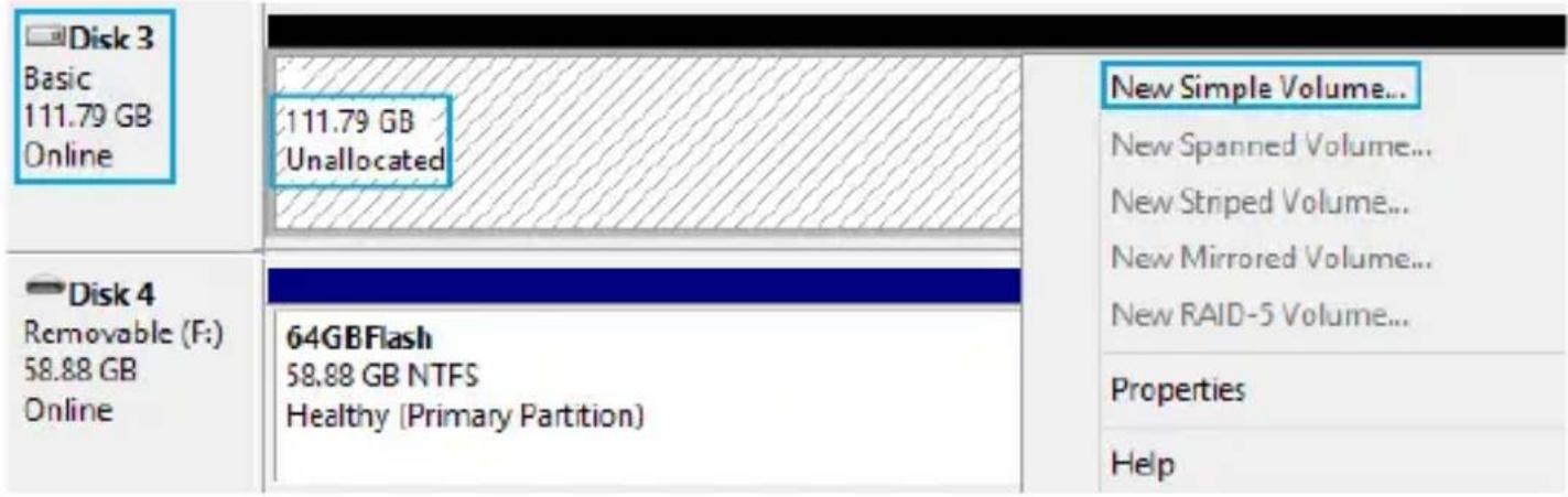 Disk 3 Basic 111.79 GB Online 111.79 GB Unallocated New Simple Volume... New Spanned Volume... New Striped Volume... New Mirrored Volume... New RAID-5 Volume... Disk 4 Removable (F:) 58.88 GB Online 64GBFlash 58.88 GB NTFS Healthy (Primary Partition) Properties Help