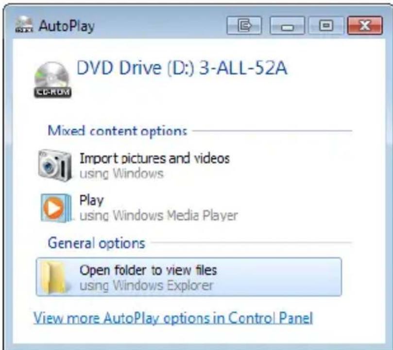 AutoPlay DVD Drive (D:) 3-ALL-52A CD-ROM Mixed content options Import pictures and videos using Windows Play using Windows Media Player General options Open folder to view files using Windows Explorer View more AutoPlay options in Control Panel