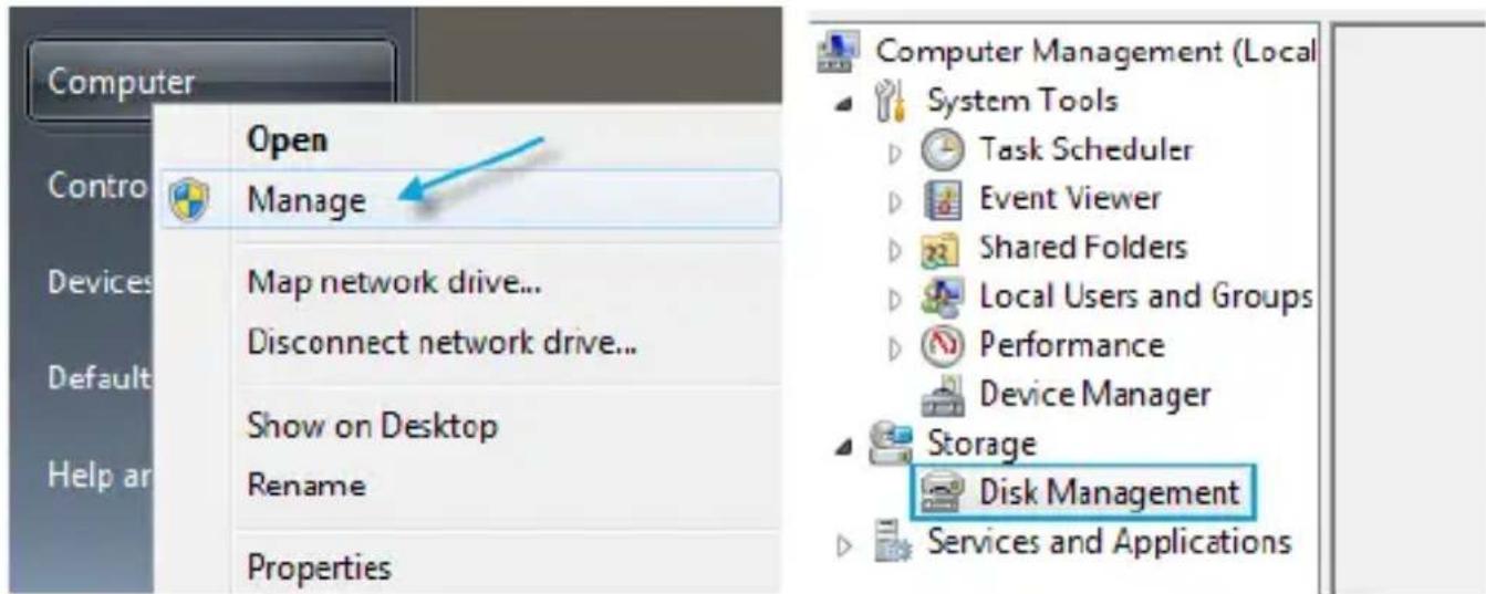 Computer Open Manage Map network drive... Disconnect network drive... Show on Desktop Rename Properties Computer Management (Local System Tools Task Scheduler Event Viewer Shared Folders Local Users and Groups Performance Device Manager Storage Disk Management Services and Applications