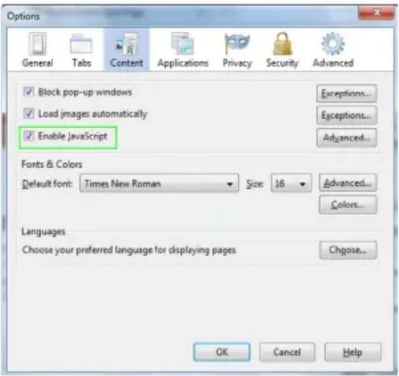 Options General Tabs Content Applications Privacy Security Advanced ✓ Block pop-up windows Exceptions... ✓ Load images automatically Exceptions... ✓ Enable JavaScript Advanced... Fonts & Colors Default font: Times New Roman Size: 16 Advanced... Colors... Languages Choose your preferred language for displaying pages Choose... OK Cancel Help