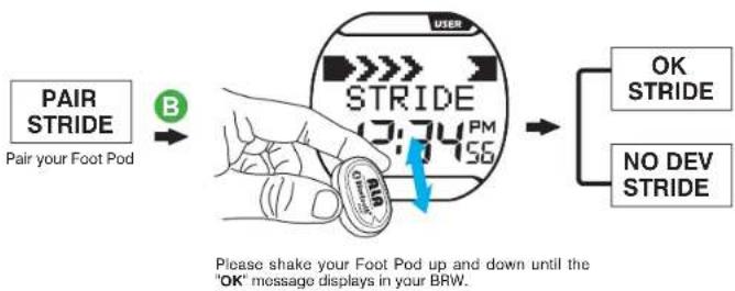 PAIR STRIDE Pair your Foot Pod B STRIDE 17:74 PM 56 USER OK STRIDE NO DEV STRIDE Please shake your Foot Pod up and down until the "OK" message displays in your BRW.