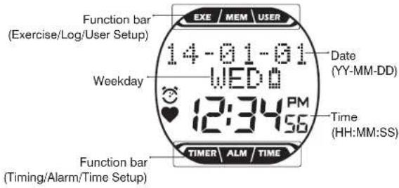 Function bar (Exercise/Log/User Setup) 14-01-01 WEDD 12:34 PM 56 Date (YY-MM-DD) Time (HH:MM:SS) Function bar (Timing/Alarm/Time Setup) EXE MEM USER TIMER ALM TIME