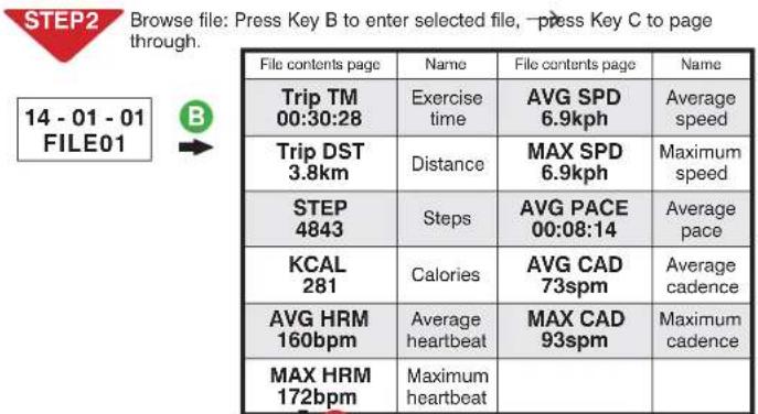STEP2 Browse file: Press Key B to enter selected file, press Key C to page through. 14 - 01 - 01 FILE01 B File contents page Name File contents page Name Trip TM 00:30:28 Exercise time AVG SPD 6.9kph Average speed Trip DST 3.8km Distance MAX SPD 6.9kph Maximum speed STEP 4843 Steps AVG PACE 00:08:14 Average pace KCAL 281 Calories AVG CAD 73spm Average cadence AVG HRM 160bpm Average heartbeat MAX CAD 93spm Maximum cadence MAX HRM 172bpm Maximum heartbeat