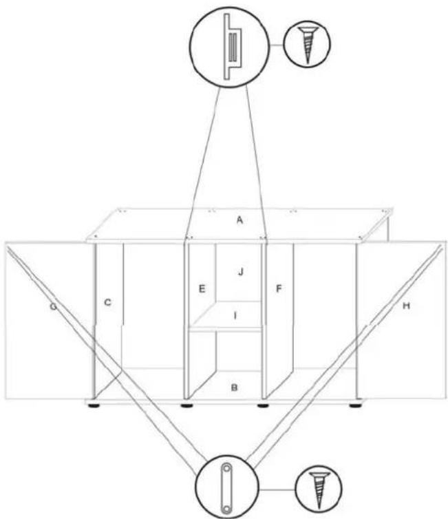 Technical diagram of a structural assembly with labeled components and connection points, including screw and pin symbols.