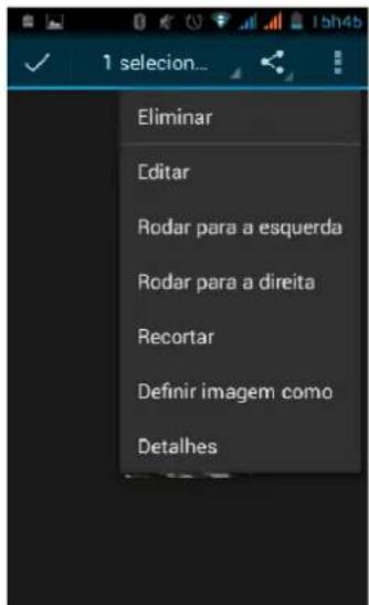 Eliminar Editar Rodar para a esquerda Rodar para a direita Recortar Definir imagem como Detalhes