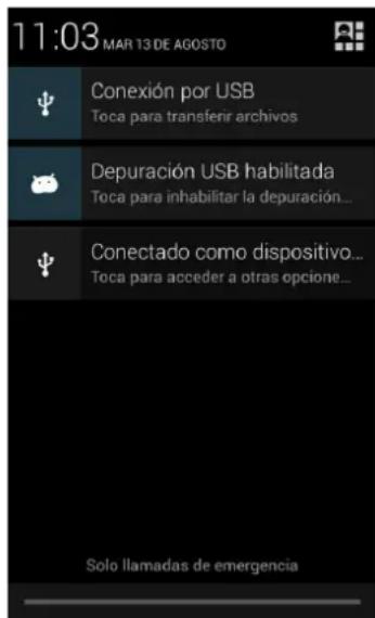 11:03 MAR 13 DE AGOSTO Conexión por USB Toca para transferir archivos Depuración USB habilitada Toca para inhabilitar la depuración... Conectado como dispositivo... Toca para acceder a otras opciones... Solo llamadas de emergencia