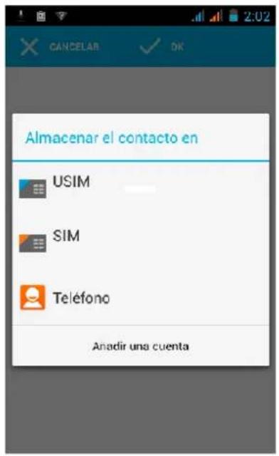 Almacenar el contacto en USIM SIM Teléfono Anadir una cuenta