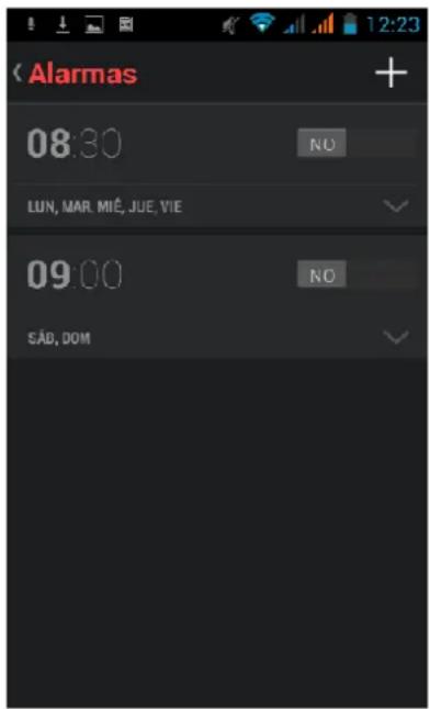 Alarmas 08:30 LUN, MAR. MIÉ, JUE, VIE 09:00 SÁB, DOM NO NO