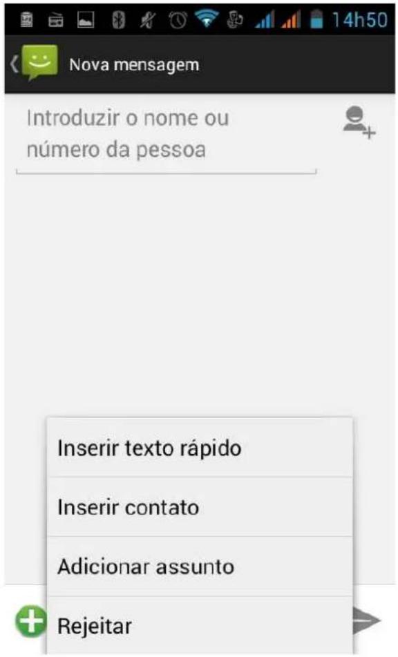 Nova mensagem Introduzir o nome ou número da pessoa Inserir texto rápido Inserir contato Adicionar assunto Rejeitar