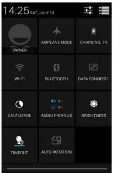 14:25 SAT, JULY 13 OWNER AIRPLANE MODE CHARGING, 1% WI-FI BLUETOOTH DATA CONNECT DATA USAGE AUDIO PROFILES BRIGHTNESS TIMEOUT AUTO ROTATION