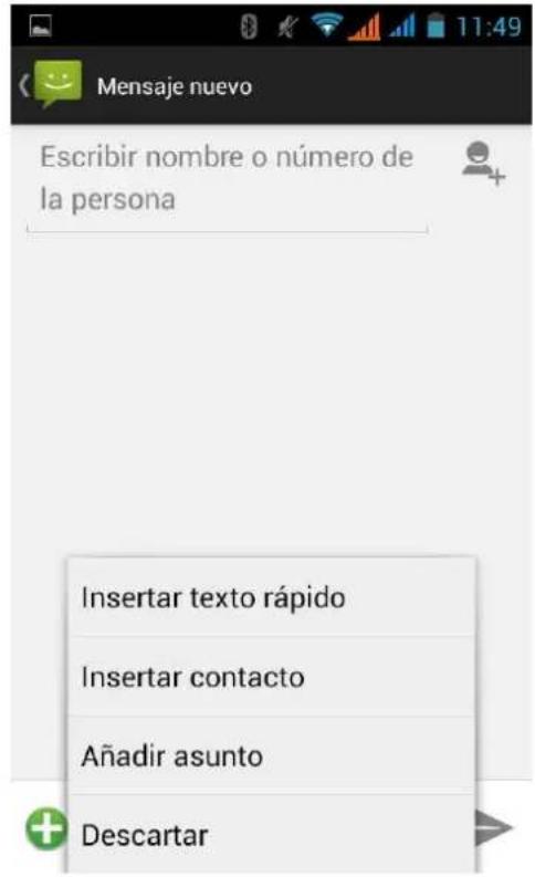 Mensaje nuevo Escribir nombre o número de la persona Insertar texto rápido Insertar contacto Añadir asunto Descartar