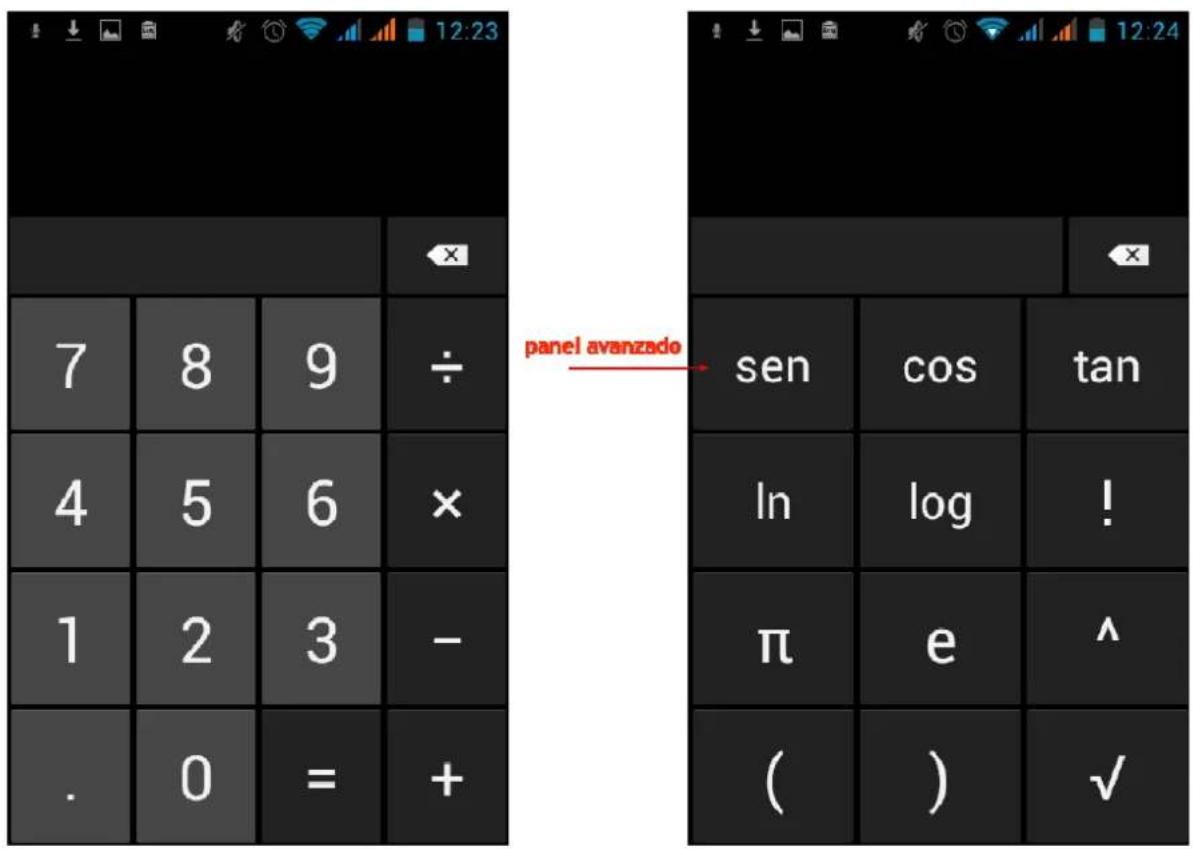 12:23 7 8 9 ÷ 4 5 6 × 1 2 3 - . 0 = + panel avanzado sen cos tan ln log ! π e ^ ( ) √