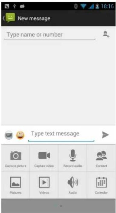 New message Type name or number Type text message Capture picture Capture video Record audio Contact Pictures Videos Audio Calendar