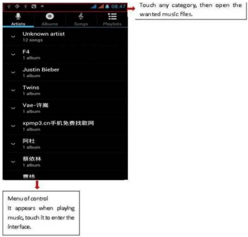 Touch any category, then open the wanted music files. Unknown artist 12 songs F4 1 album Justin Bieber 1 album Twins 1 album Vae-许嵩 1 album xpmp3.cn手机免费找歌网 1 album 阿杜 1 album 蔡依林 1 album 曹格 Menu of control It appears when playing music, touch it to enter the interface.