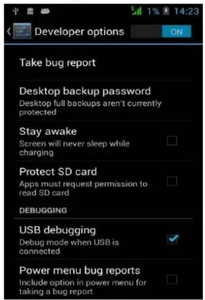 Developer options Take bug report Desktop backup password Desktop full backups aren't currently protected Stay awake Screen will never sleep while charging Protect SD card Apps must request permission to read SD card DEBUGGING USB debugging Debug mode when USB is connected Power menu bug reports Include option in power menu for taking a bug report