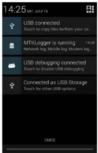 14:25 SAT. JULY 13 USB connected Touch to copy files to/from your co... MTKLogger is running 14:20 Network log, Mobile log, Modem log... USB debugging connected Touch to disable USB debugging. Connected as USB Storage Touch for other USB options. CMCC
