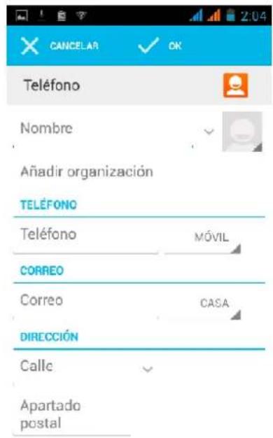 CANCELAR ✓ OK Teléfono Nombre Añadir organización TELÉFONO Teléfono MÓVIL CORREO Correo CASA DIRECCIÓN Calle Apartado postal