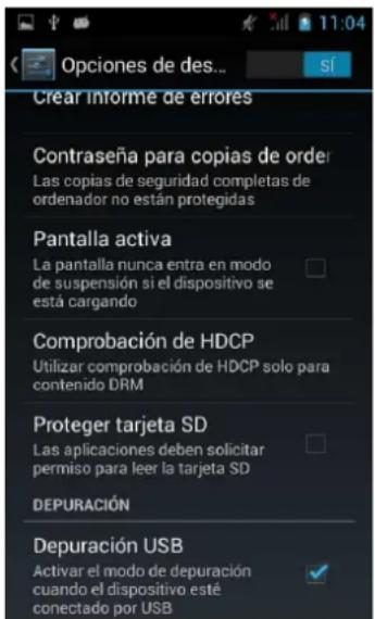 Opciones de des... sí Crear informe de errores Contraseña para copias de order Las copias de seguridad completas de ordenador no están protegidas Pantalla activa La pantalla nunca entra en modo de suspensión si el dispositivo se está cargando Comprobación de HDCP Utilizar comprobación de HDCP solo para contenido DRM Proteger tarjeta SD Las aplicaciones deben solicitar permiso para leer la tarjeta SD DEPURACIÓN Depuración USB Activar el modo de depuración cuando el dispositivo esté conectado por USB