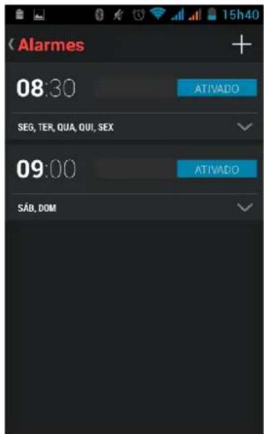 (Alarmes 08:30 ATIVADO SEG, TER, QUA, QUI, SEX 09:00 ATIVADO SÁB, DOM