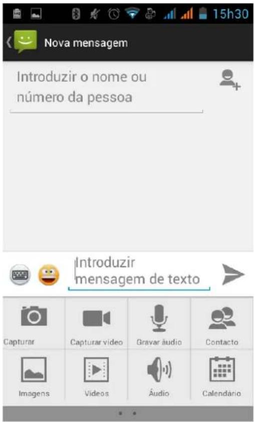Nova mensagem Introduzir o nome ou número da pessoa Introduzir mensagem de texto Capturar Capturar vídeo Gravar áudio Contacto Imagens Videos Áudio Calendário
