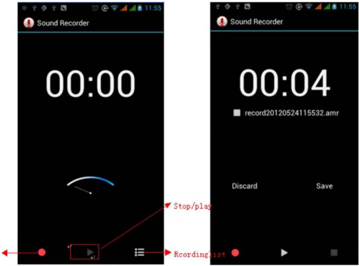 Sound Recorder 00:00 Stop/play 00:04 record20120524115532.amr Discard Save Recordinglist