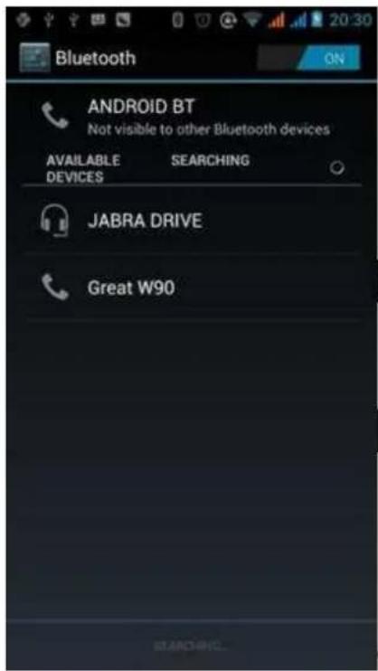 Bluetooth ANDROID BT Not visible to other Bluetooth devices AVAILABLE DEVICES SEARCHING JABRA DRIVE Great W90