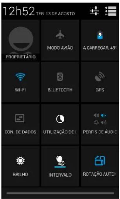 12h52 TER, 13 DE AGOSTO PROFRIETÁRIO MODO AVIÃO A CARREGAR, 49° WI-FI BLUETOOTH GPS CON. DE DADOS UTILIZAÇÃO DE I PERFIS DE ÁUDIO BRILHO INTERVALO ROTAÇÃO AUTON