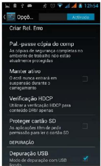Criar Rel. Erro Pal.-passe cópia do comp As cópias de segurança completas no ambiente de trabalho não estão atualmente protegidas Manter ativo O ecrã nunca entrará em suspensão durante o carregamento Verificação HDCP Utilizar a verificação HDCP para conteúdo DRM apenas Proteger cartão SD As aplicações têm de pedir permissão para ler o cartão SD DEPURAÇÃO Depuração USB Modo de depuração com USB ligado