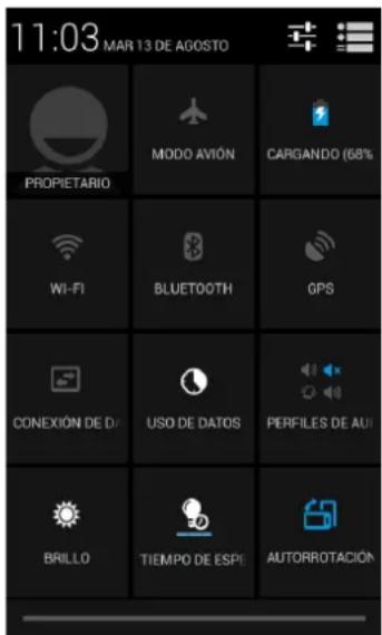 11:03 MAR 13 DE AGOSTO PROPIETARIO MODO AVIÓN CARGANDO (68%) Wi-Fi BLUETOOTH GPS CONEXIÓN DE DÍA USO DE DATOS PERFILES DE AUI BRILLO TIEMPO DE ESPE AUTORROTACIÓN