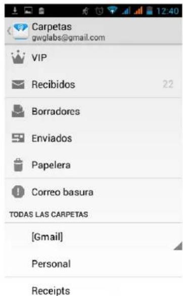 Carpetas gwglabs@gmail.com VIP Recibidos 22 Borradores Enviados Papelera Correo basura TODAS LAS CARPETAS [Gmail] Personal Receipts