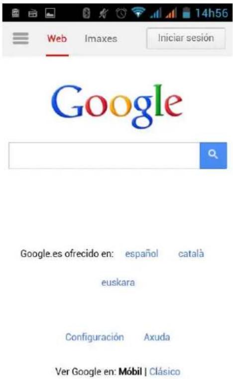Web Imaxes Iniciar sesión Google Google.es ofrecido en: español català euskara Configuración Axuda Ver Google en: Móbil | Clásico
