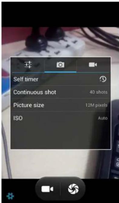 Self timer Continuous shot 40 shots Picture size 12M pixels ISO Auto