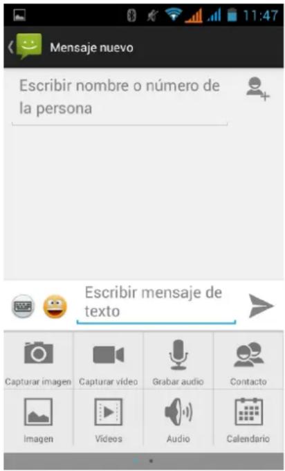 Mensaje nuevo Escribir nombre o número de la persona Escribir mensaje de texto Capturar imagen Capturar vídeo Grabar audio Contacto Imagen Videos Audio Calendario