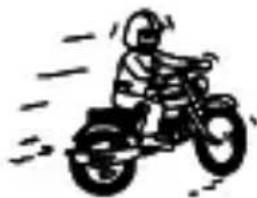 Simple line drawing of a person riding a three-wheeled vehicle (no text or symbols)