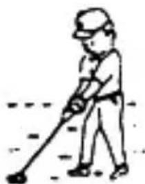 Simple line drawing of a person using a golf club to dig (no text or symbols)