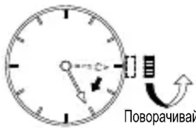 Diagram of an analog clock face showing time and duration with a directional arrow indicating leftward movement.