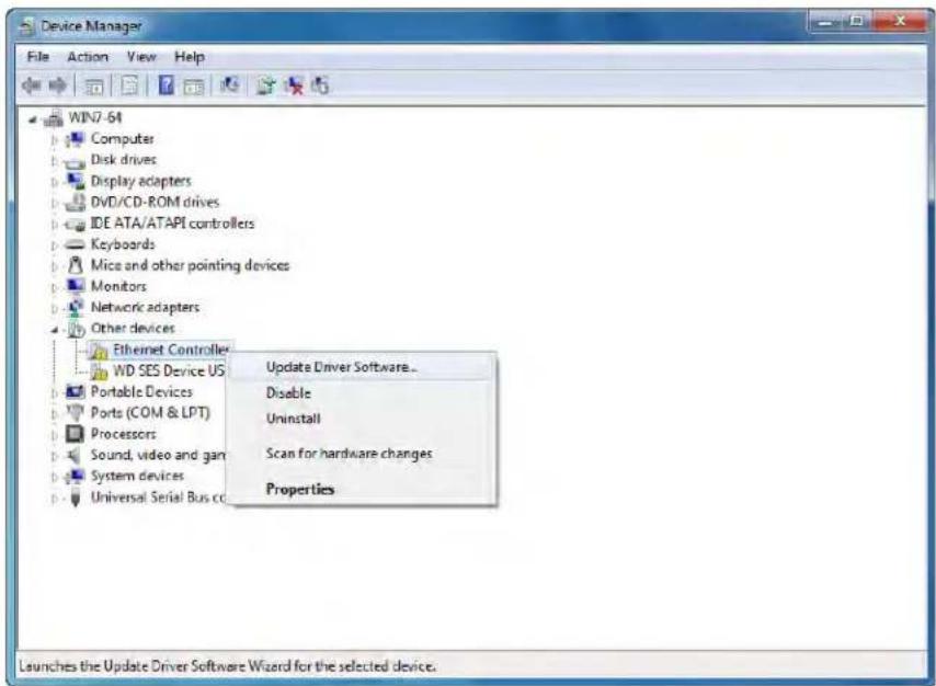 Device Manager File Action View Help WIN7-64 Computer Disk drives Display adapters DVD/CD-ROM drives IDE ATA/ATAPI controllers Keyboards Mice and other pointing devices Monitors Networkic adapters Other devices Ethernet Controller WD SES Device US Portable Devices Ports (COM & LPT) Processors Sound, video and game System devices Universal Serial Bus co Update Driver Software... Disable Uninstall Scan for hardware changes Properties Launches the Update Driver Software Wizard for the selected device.