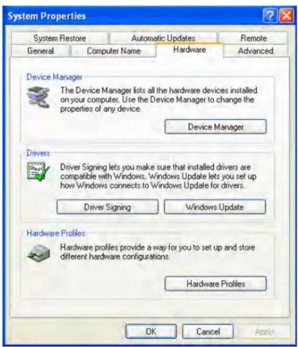 System Properties System Restore Automatic Updates Remote General Computer Name Hardware Advanced Device Manager The Device Manager lists all the hardware devices installed on your computer. Use the Device Manager to change the properties of any device. Device Manager Drivers Driver Signing lets you make sure that installed drivers are compatible with Windows. Windows Update lets you set up how Windows connects to Windows Update for drivers. Driver Signing Windows Update Hardware Profiles Hardware Profiles provide a way for you to set up and store different hardware configurations. Hardware Profiles OK Cancel Apply