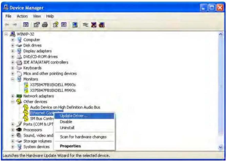 Device Manager File Action View Help WINXP-32 + Computer + Disk drives + Display adapters + DVD/CD-ROM drives + IDE ATA/ATAPI controllers + Keyboards + Mice and other pointing devices + Monitors X375847FB1EKDELL M993s X375847FB1EKDELL M993s + Network adapters + Other devices Audio Device on High Definition Audio Bus Ethernet Control SM Bus Control Ports (COM & LPT) Processors Sound, video and Storage volumes System devices Update Driver... Disable Uninstall Scan for hardware changes Properties Launches the Hardware Update Wizard for the selected device.
