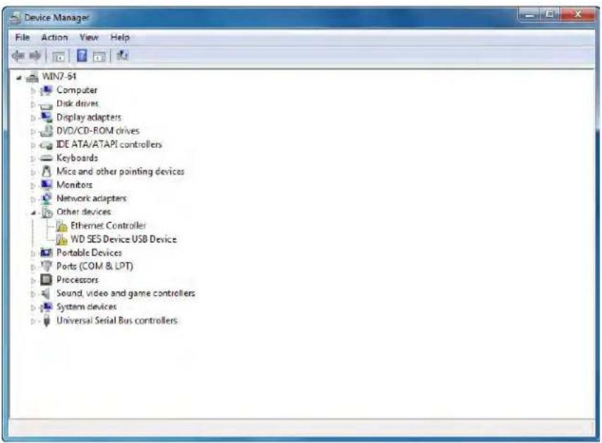 Device Manager File Action View Help WIN7-54 Computer Disk drives Display adapters DVD/CD-ROM drives IDE ATA/ATAPI controllers Keyboards Mice and other pointing devices Monitors Network adapters Other devices Ethernet Controller WD SES Device USB Device Portable Devices Ports (COM & LPT) Processors Sound, video and game controllers System devices Universal Serial Bus controllers