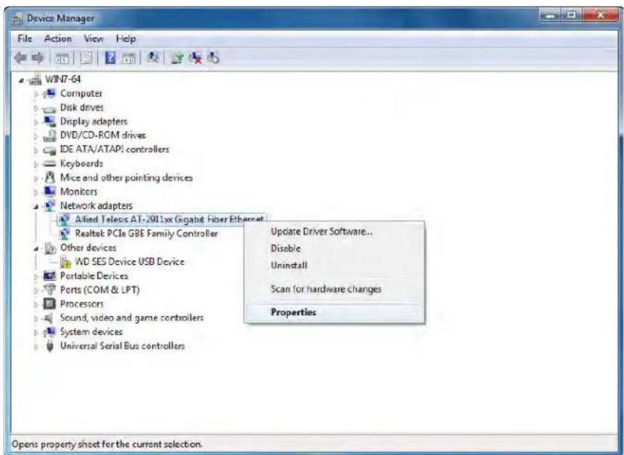 Device Manager File Action View Help WIN7-64 Computer Disk drives Display adapters DVD/CD-ROM drives IDE ATA/ATAPI controllers Keyboards Mice and other pointing devices Monitors Network adapters Allied Telecom AT-2911xx Gigabit Fiber Ethernet Realtek PCIe GBE Family Controller Update Driver Software... Disable Uninstall Scan for hardware changes Properties Other devices WD SES Device USB Device Portable Devices Ports (COM & LPT) Processors Sound, video and game controllers System devices Universal Serial Bus controllers Opens property sheet for the current selection.