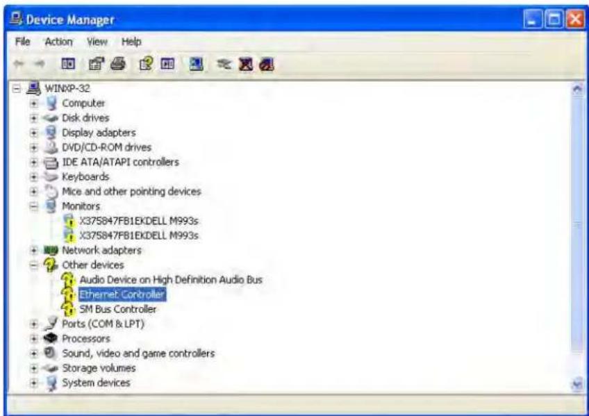 Device Manager File Action View Help WINXP-32 + Computer + Disk drives + Display adapters + DVD/CD-ROM drives + IDE ATA/ATAPI controllers + Keyboards + Mice and other pointing devices + Monitors X37S847FB1EKDELL M993s X37S847FB1EKDELL M993s + Network adapters + Other devices Audio Device on High Definition Audio Bus Ethernet Controller SM Bus Controller + Ports (COM & LPT) + Processors Sound, video and game controllers Storage volumes + System devices