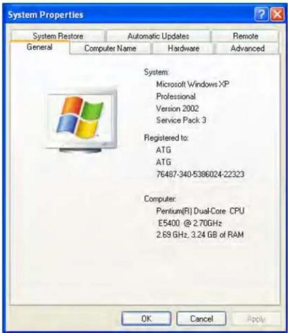 System Properties System Restore Automatic Updates Remote General Computer Name Hardware Advanced System: Microsoft Windows XP Professional Version 2002 Service Pack 3 Registered to: ATG ATG 76487-340-5386024-22323 Computer: Pentium(R) Dual-Core CPU E5400 @ 2.70GHz 2.69 GHz, 3.24 GB of RAM OK Cancel Apply