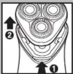 Diagram of a hand holding a circular brush head with labeled parts ① and ②, showing mechanical or electrical components.